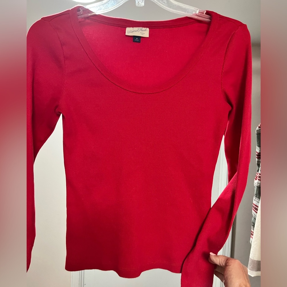 Universal Thread Red Ribbed Long Sleeve Scoop Nec… - image 1